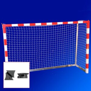 Handballtor rot/weiss zerlegbar mit Kunststoff-Netzhaken auf blauem Hintergrund