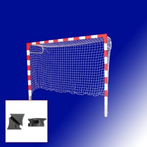 Handballtor rot/weiss zerlegbar mit Kunststoff-Netzhaken auf blauem Hintergrund