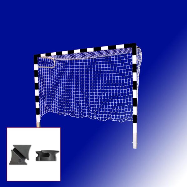 Handballtor schwarz/weiss zerlegbar mit Kunststoff-Netzhaken auf blauem Hintergrund