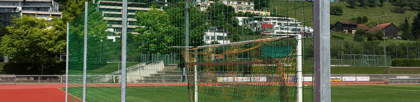 Titelbild Schutznetze, Schutzgitter. Schutznetz auf Sportanlage mit Tartanbelag und Rasen